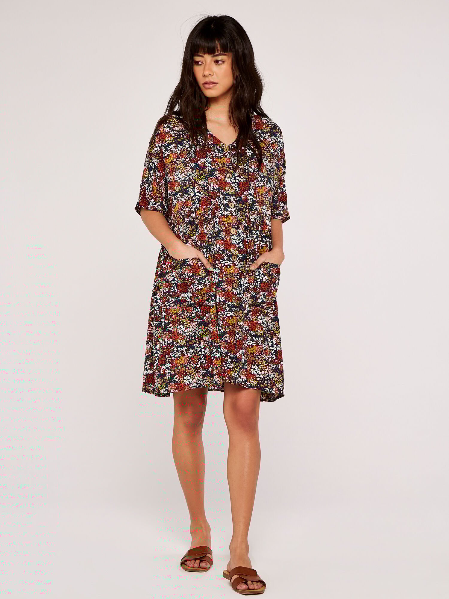 Ditsy Button Down Smock Dress Apricot Clothing