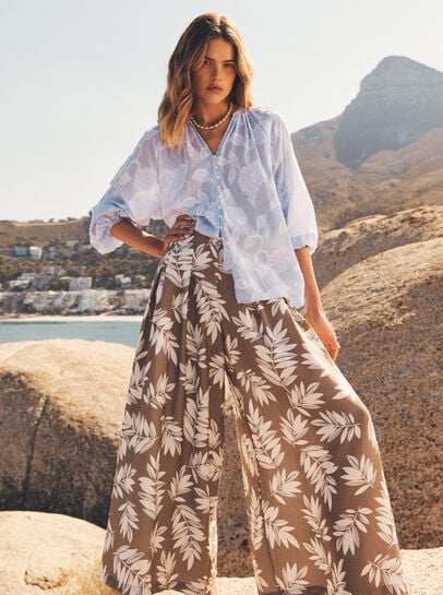 Leaf Print Pleated Culotte Trousers