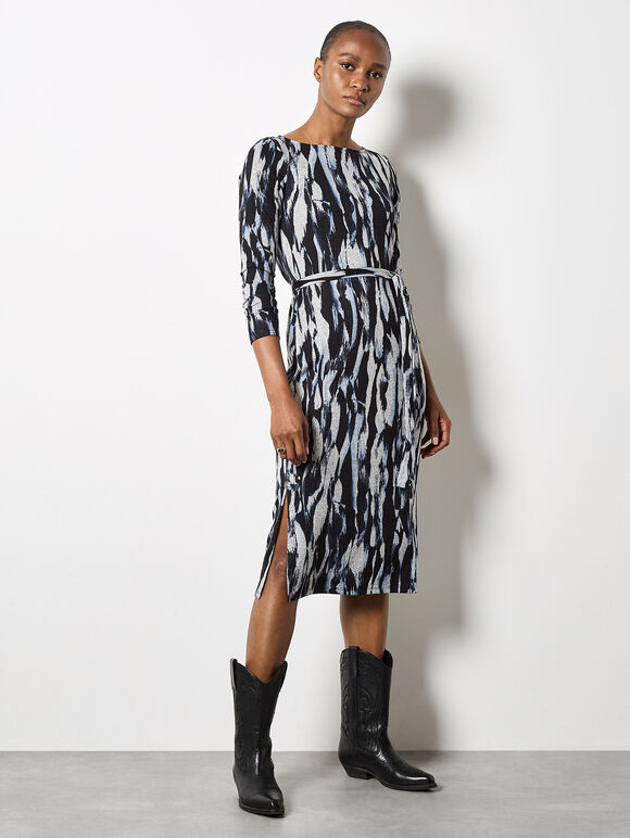 Brushstroke Knitted Midi Dress, Blue, large
