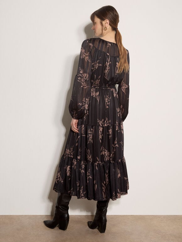 Metallic Shimmer Floral Silhouette Midi Dress, Black, large