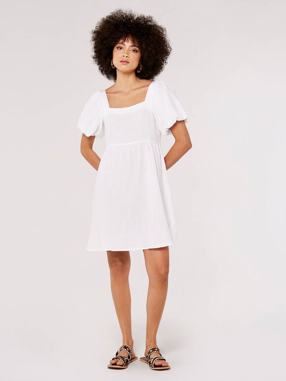 Puff Sleeve Mini Dress, White, large