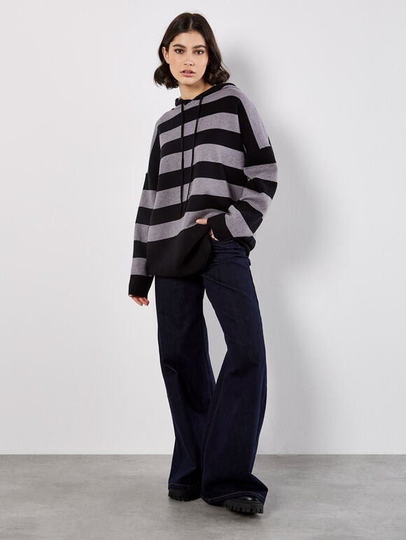Hooded Stripe Tunic Jumper, Grey, large