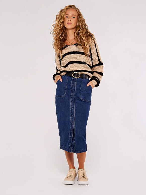 Denim Button Down Midi Skirt, Blue, large