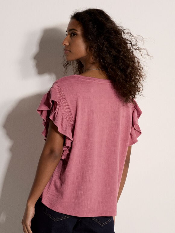Ruffle Sleeve Textured T-Shirt, Pink, large
