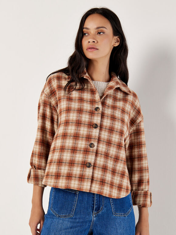 Cropped Check Shacket, Rust, large