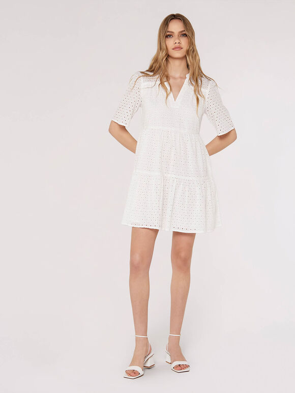 Broderie Anglaise Mini Dress, White, large