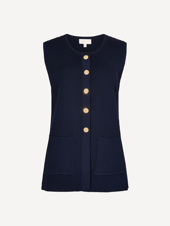 Ribbed Knit Waistcoat, Navy, large