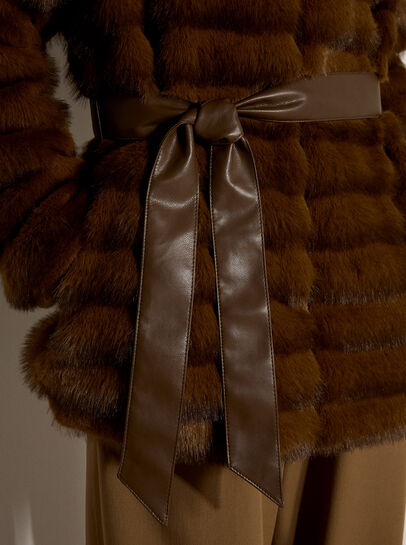 Faux Fur Panel Belted Coat