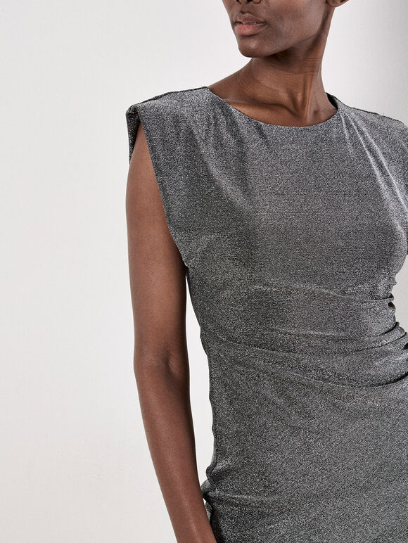 Ruched Sparkle Bodycon Mini Dress, Silver, large