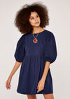 Embroidery Puff Sleeve Dress, Navy, large