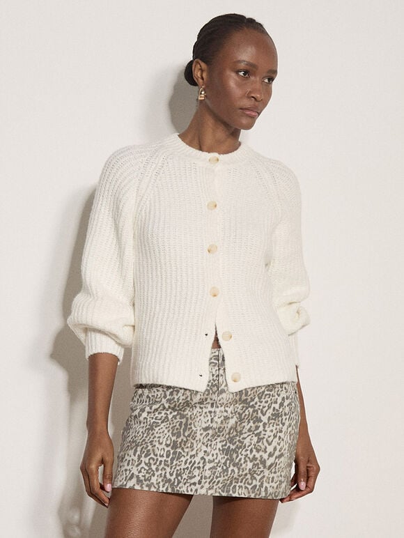 Cotton-Blend Chunky Ribbed Knit Cardigan, Cream, large