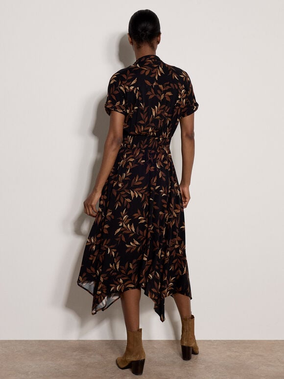 Leaf Print Shirt Midi Dress, Rust, large
