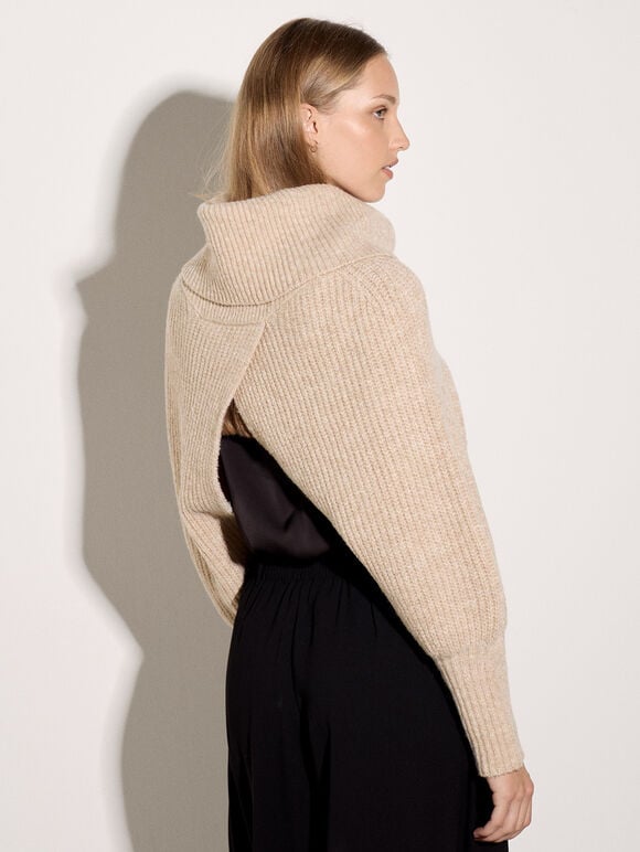 Fisherman Knit Cape Bolero, Stone, large