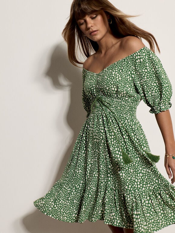 Irregular Spot Bardot Mini Dress, Thyme Green, large