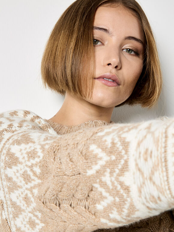 Fair Isle Cable Knit Jumper, Stone, large