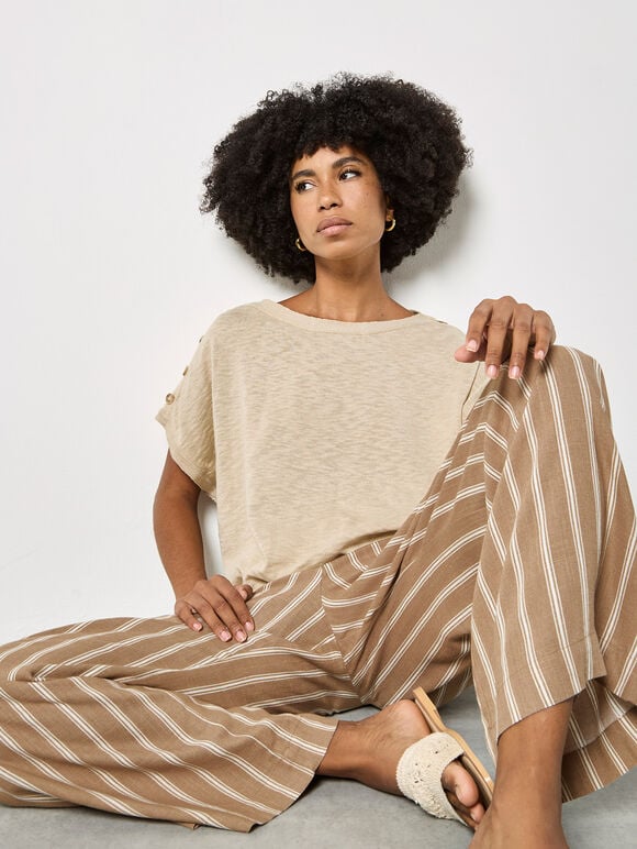 Linen Blend Wide-Leg Stripe Trousers, Stone, large