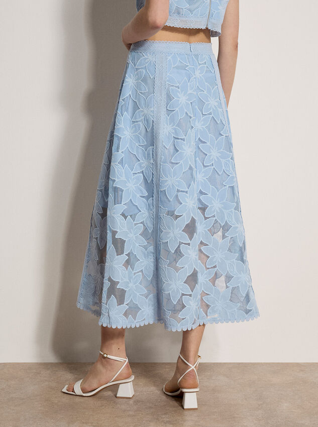 Floral Mesh Lace Midi Skirt, Blue, large