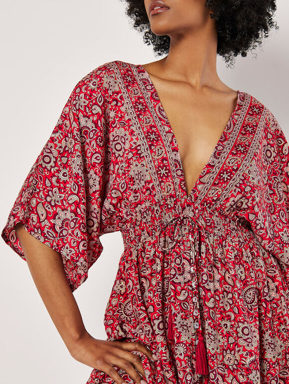 Foil Floral Paisley Satin Maxi Dress, Red, large