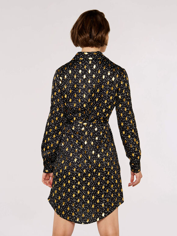 Foil Shirt Mini  Dress, Black, large