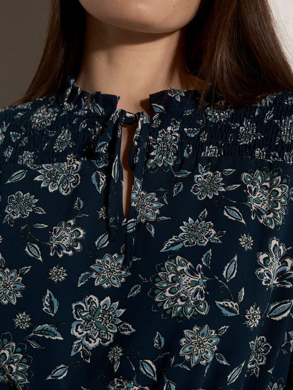 Folk Floral Chiffon Mini Dress, Navy, large