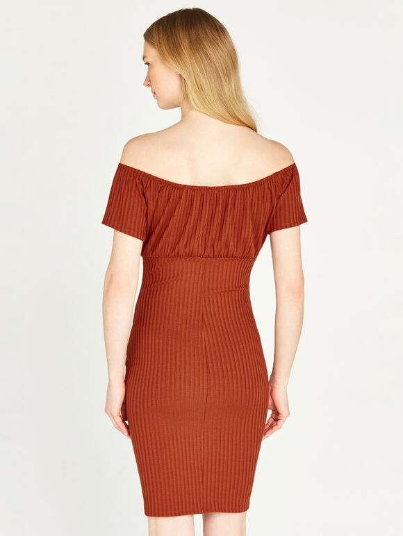 Milkmaid Bardot Ribbed Dress, Rust, large