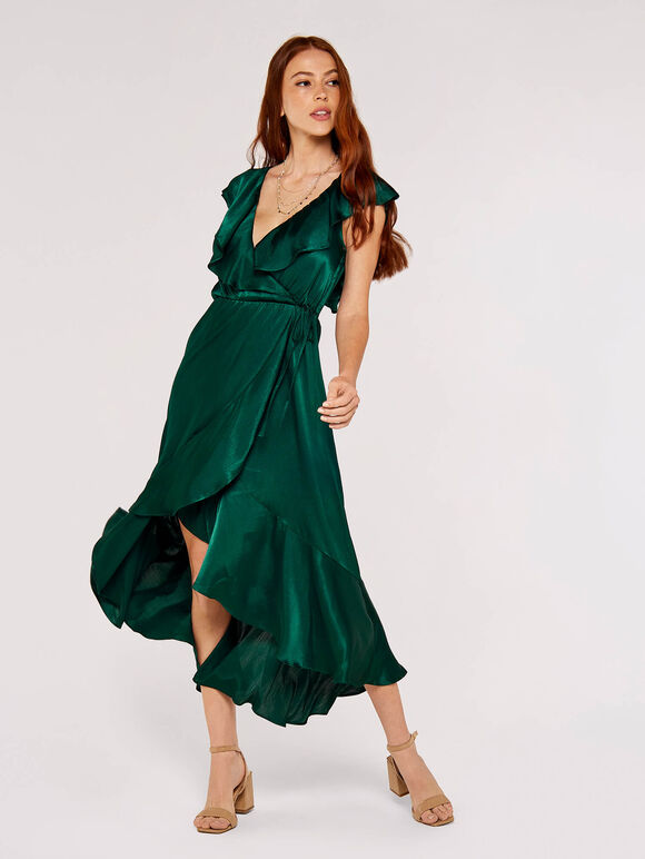 Satin Ruffle wrap Dress, Green, large