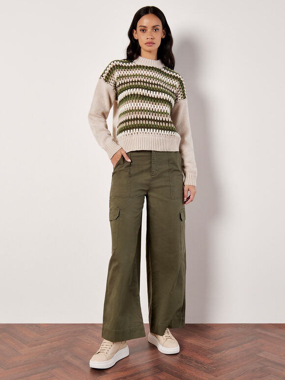 Crochet Stripes Panel Jumper, Stone, large