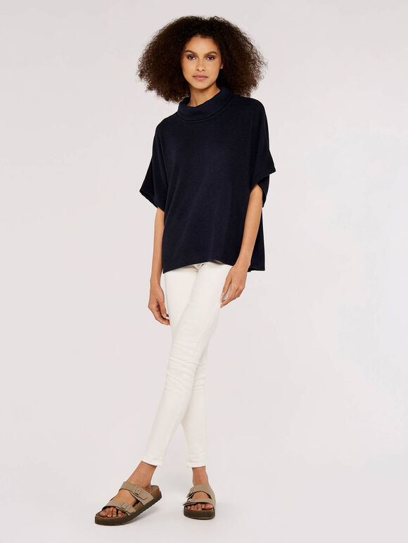 Roll Neck Ribbed Cape, Navy, large