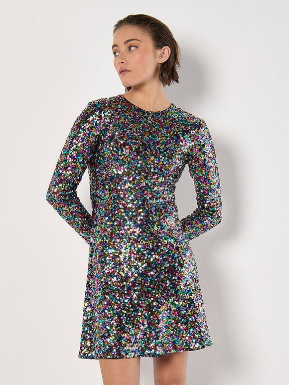 Rainbow Sequin Fit And Flare Mini Dress, Black, large