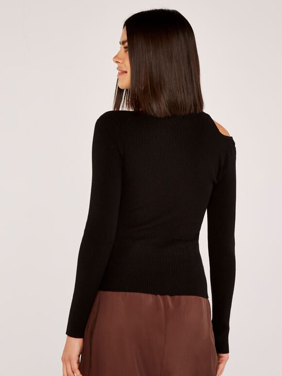 Cut Out Shoulder Roll Neck Jumper, Black, large