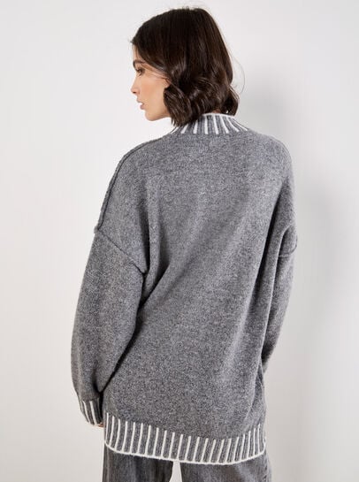 Stripe Trim Mock Neck Oversized Jumper