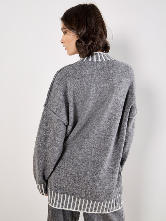 Stripe Trim Mock Neck Oversized Jumper, Dark Grey - Charcoal, large