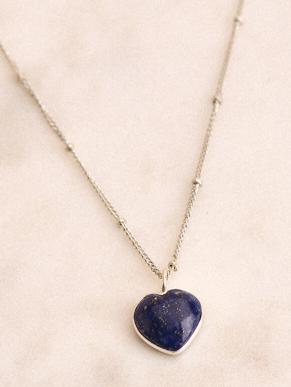 Silver Tone Heart Pendant Necklace, Blue, large