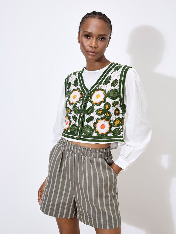 Floral Crochet Waistcoat, Green, large