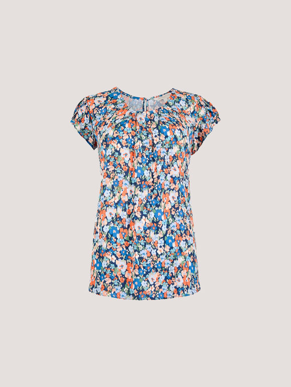 Ditsy Floral Tulip Sleeve Top, Navy, large