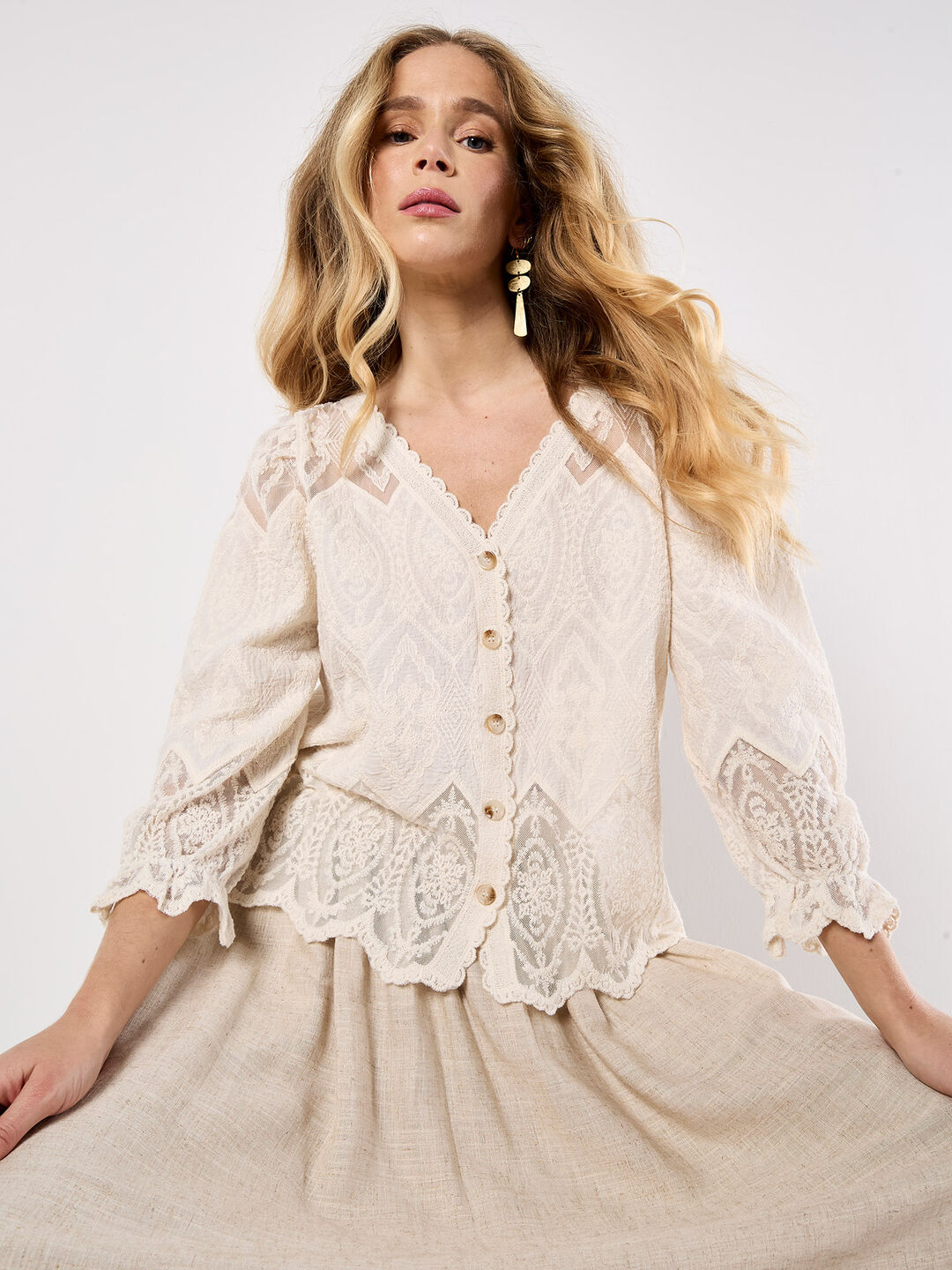 Embroidered Mesh Button Down Top