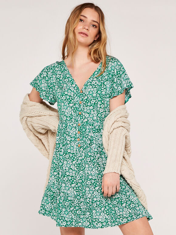 Ditsy Button Down Tea Dress, Green, large