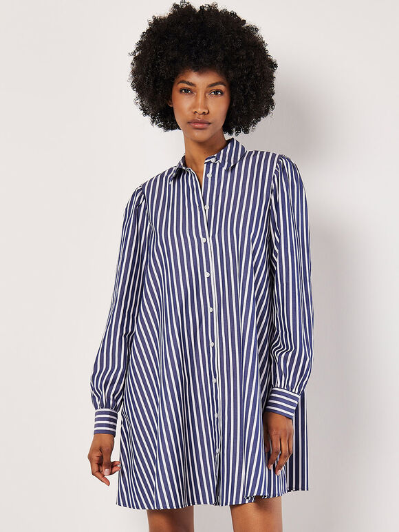 Stripe Shirt Cotton Mini Dress, Navy, large
