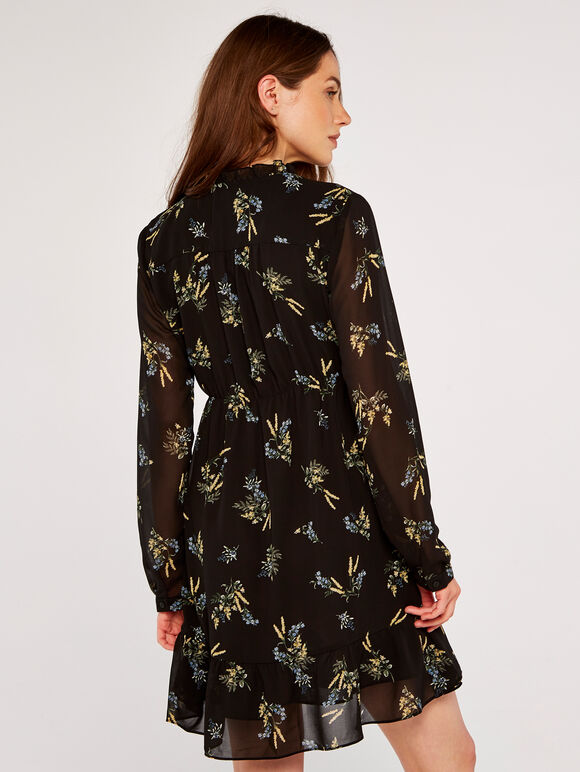 Floral Ruffle Mini Dress, Black, large