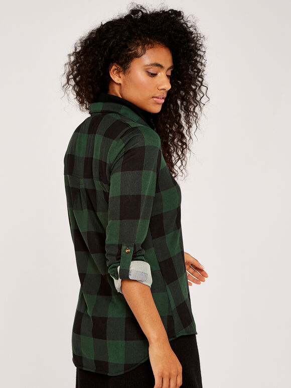 Gingham Fleece Lined Shirt, Green, large