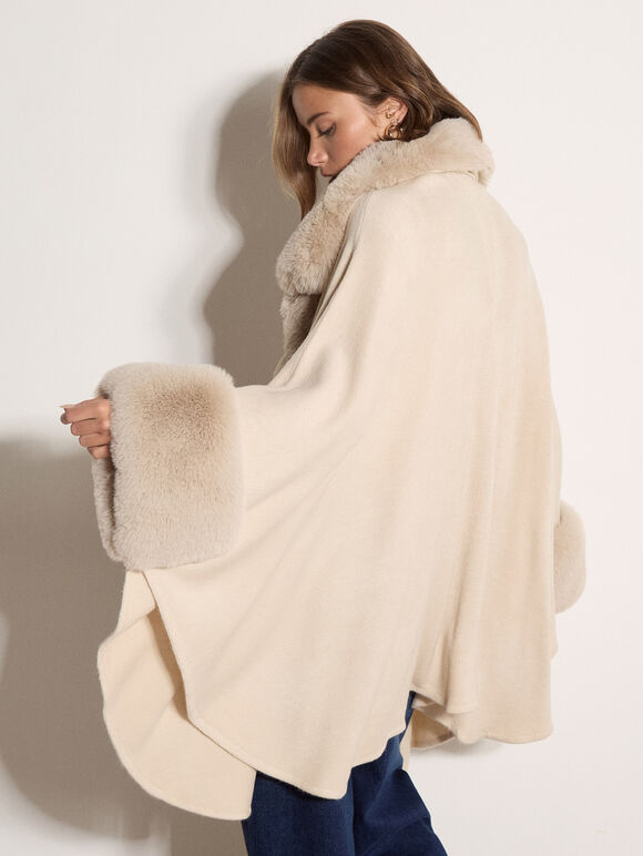 Faux Fur Trimmed Cape, Stone, large