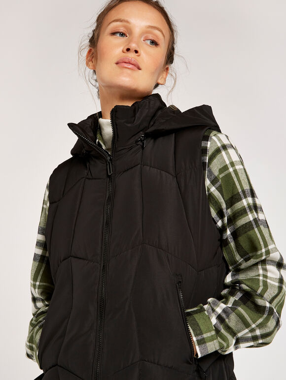 Hooded Zip Puffer Gilet, Black, large