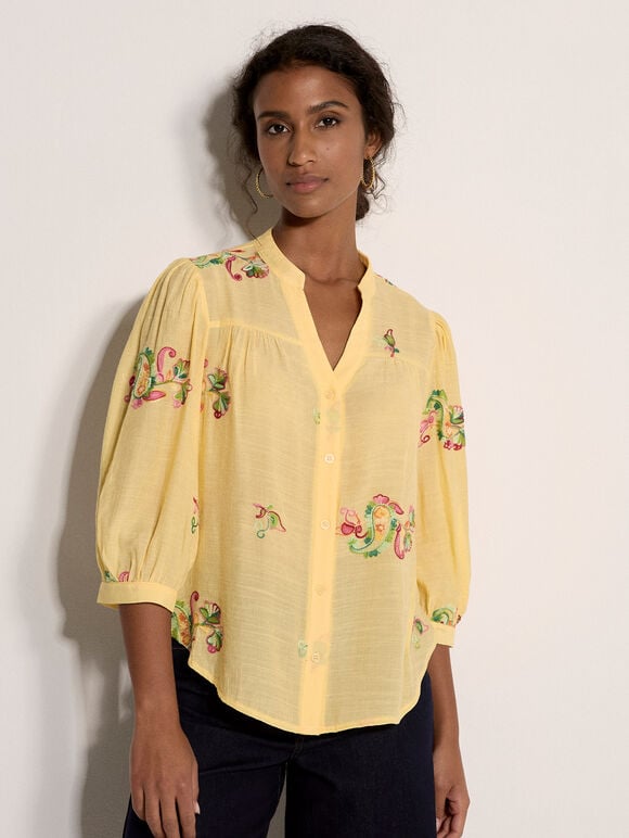 Floral Paisley Embroidered Blouse, Yellow, large