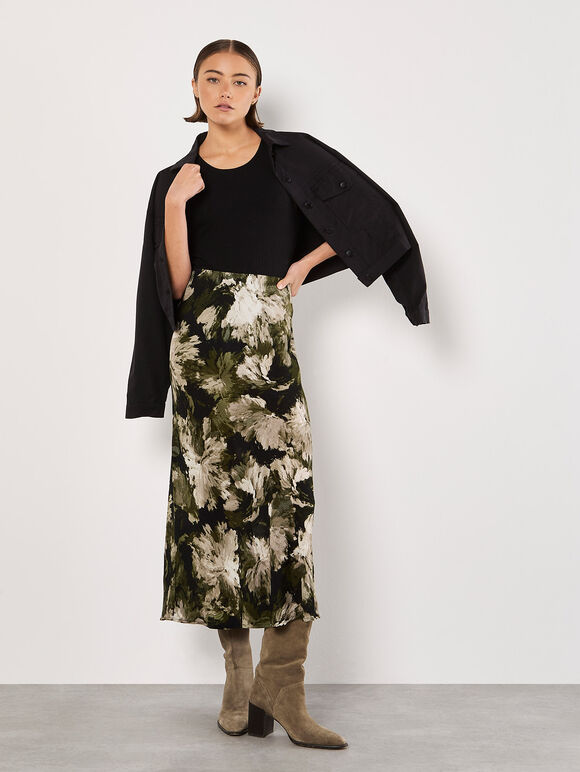 Painterly Floral Slip Maxi Skirt, Khaki, large