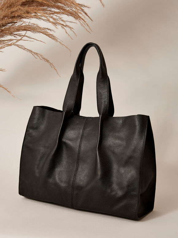 Leather Tote Bag, Black, large