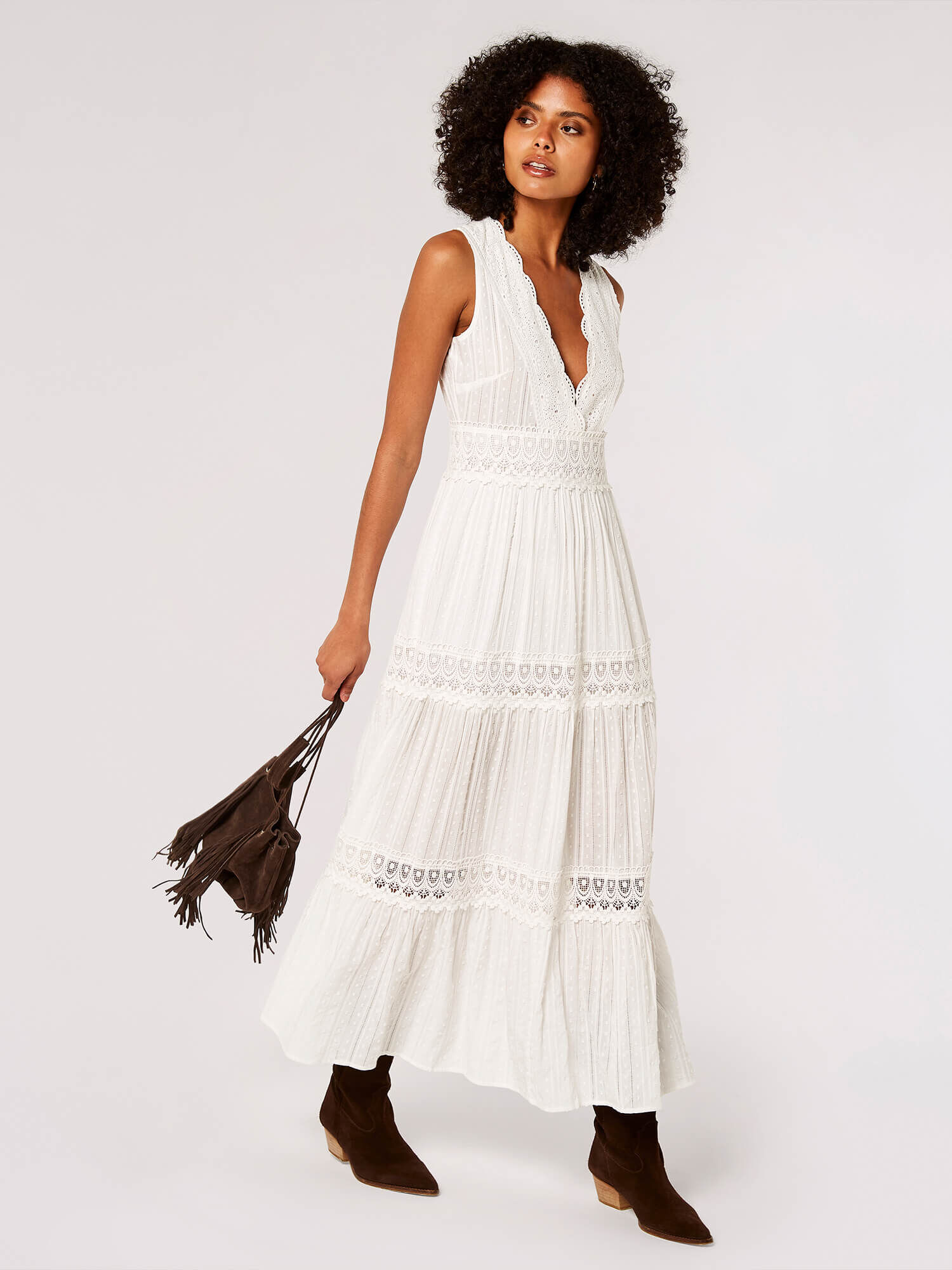 Dobby Crochet Tiered Maxi Dress Apricot Clothing
