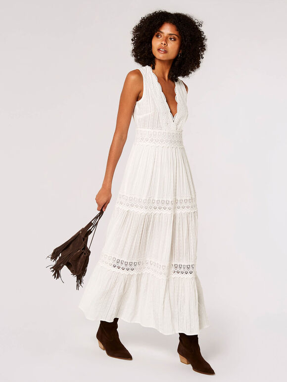 Dobby Crochet Tiered Maxi Dress, Cream, large