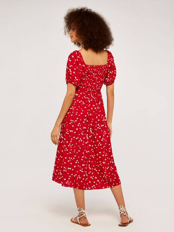 Geblümtes Kleid mit Puffärmeln, Rot, Größe L