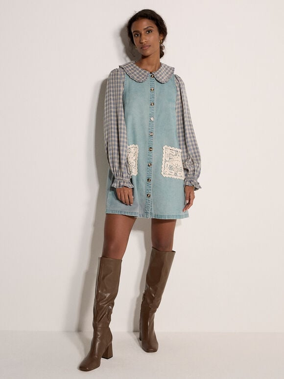 Denim Shift Mini Dress, Blue, large