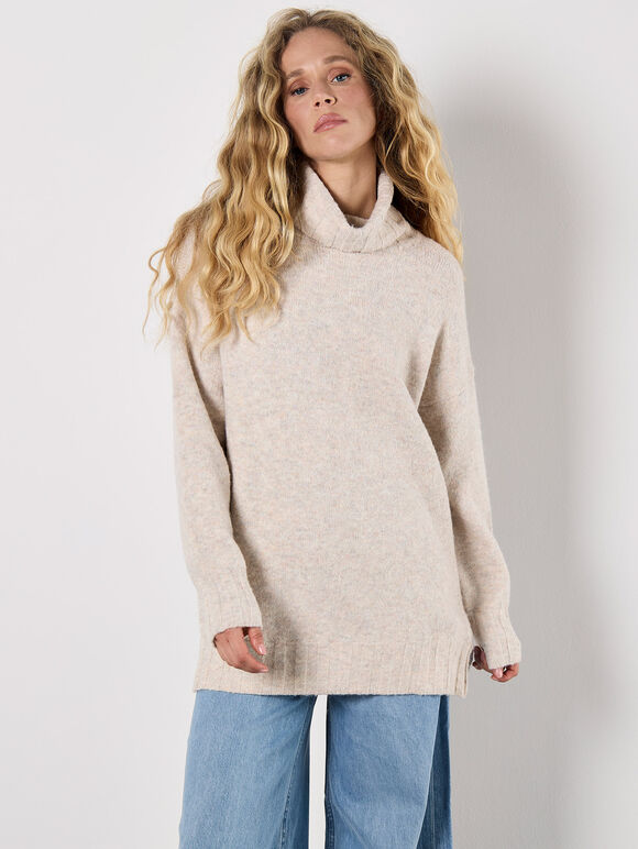 Oversized Roll Neck Tunic Jumper, Cream, large